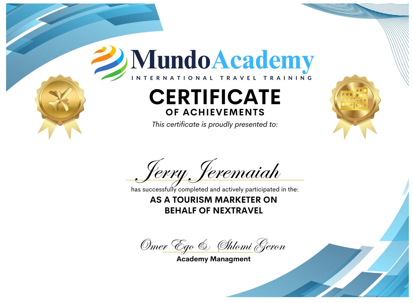 תעודת הוקרה מ-Mundo Academy על השתתפות והצטיינות כמשווק תיירות מטעם Nextravel